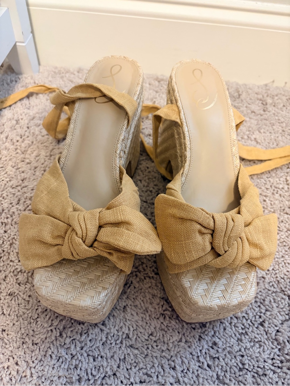 Sam Edelman Size 10 Bow Platform Heels Tan Raffia Lace Up Sandals